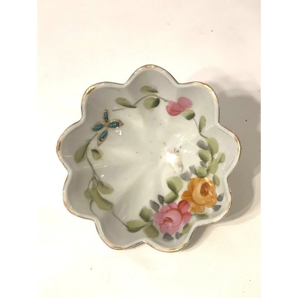 Hand Painted Finger Bowl With Floral Detail, Footed, Scalloped, Vintage Japan - Picture 4 of 10